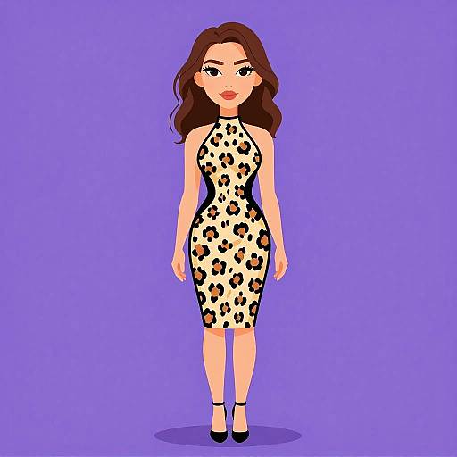 Digital illustration of a woman with wavy brown hair, wearing a sleeveless, form-fitting, leopard-print dress, and black heels, standing against