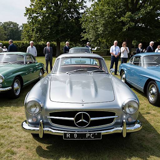 Photograph of a silver classic Mercedes-Benz R9 car with chrome grille, parked on grass at a car show, surrounded by people and other vintage cars
