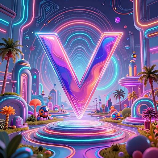 Neon-lit futuristic cityscape with glowing V-shaped sign, vibrant neon colors, palm trees, and retro sci-fi architecture. Digital art style.