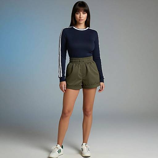 Photograph of a young woman with straight black hair, wearing a navy long-sleeve top with white stripes, olive green high-waisted shorts