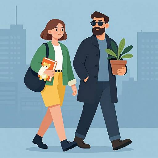 Illustration of Two People Walking with Book and Plant