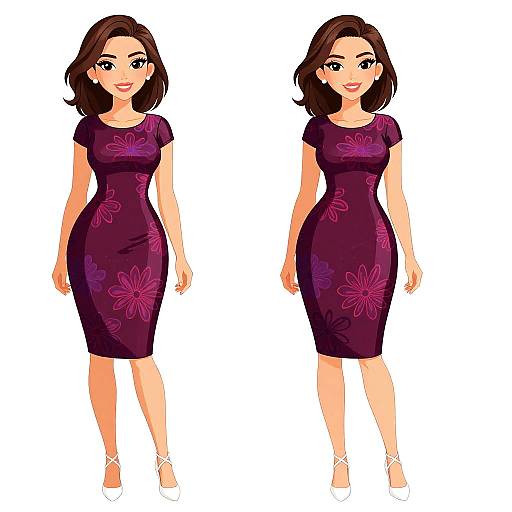 Digital illustration of a smiling woman with shoulder-length brown hair, wearing a form-fitting, purple floral dress and white heels, shown from two angles against