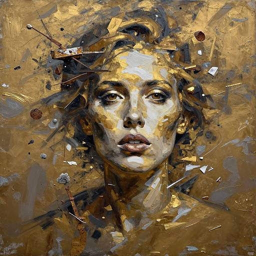 Abstract digital painting of a woman's face with gold and brown brushstrokes, dark eyes, and fragmented background elements, creating a surreal, intense expression