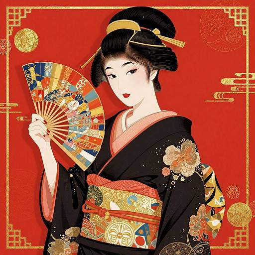 Digital illustration of an elegant Asian woman in traditional black kimono with floral patterns, holding a colorful fan against a vibrant red background.