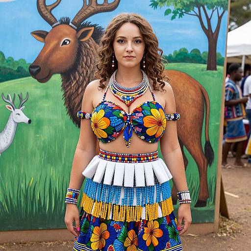 Photograph of a curly-haired woman in colorful, beaded floral top and skirt, standing in front of a painted deer and deer painting, outdoor festival