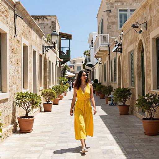Photograph of a woman in a bright yellow sundress walking down a sunlit, stone-paved alleyway with potted plants and beige buildings.