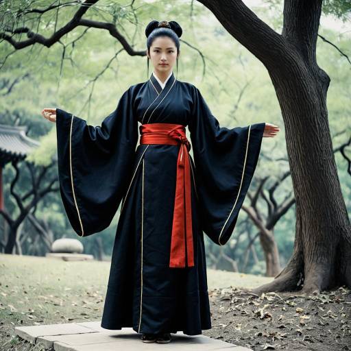 Woman in Traditional Black Hanfu with Red Sash Outdoors