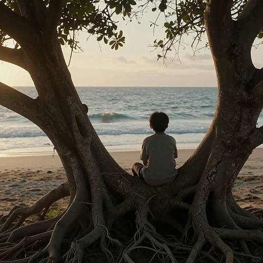 Photograph of a silhouetted person sitting on large tree roots, facing a tranquil beach and ocean at sunset. Tree branches frame the scene.