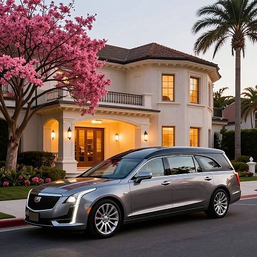 Photograph of a sleek silver SUV parked in front of a luxurious, white, two-story mansion with warm yellow lights, pink cherry blossom tree, and