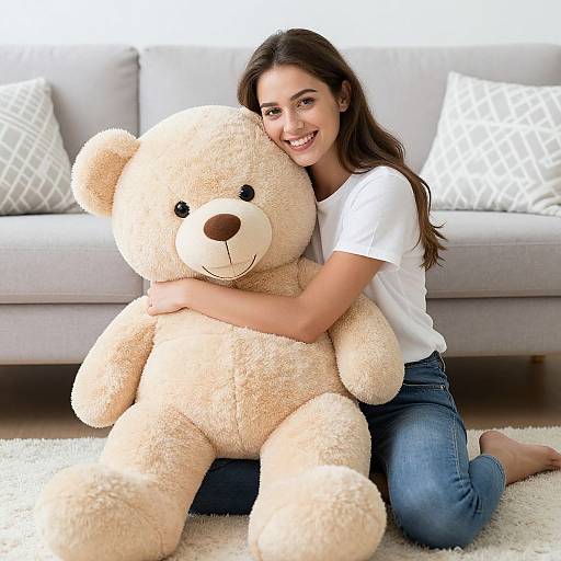 Photograph of a smiling young woman with long brown hair, wearing a white t-shirt and blue jeans, hugging a large beige teddy bear on