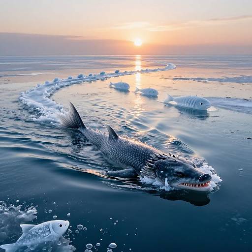 Dragon Glides Through Icy Sunset Waters
