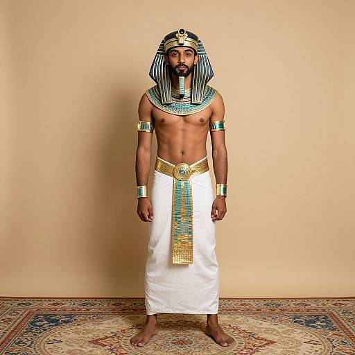 Photograph of a Black man with a trimmed beard, dressed as an ancient Egyptian pharaoh, standing on a patterned rug against a beige wall.