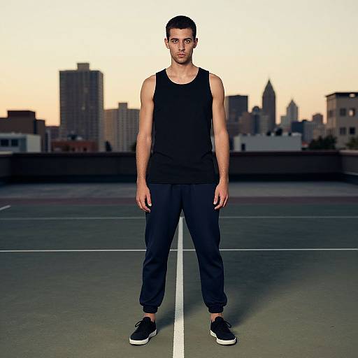 Photograph of a young man with short black hair, wearing a black tank top, black pants, and black sneakers, standing on a rooftop court at