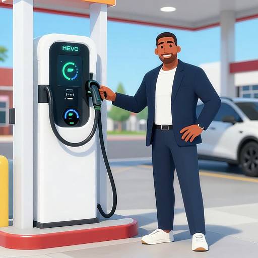 Digital illustration of a smiling Black man in a navy suit, white shirt, and white sneakers, refueling at a modern gas station.