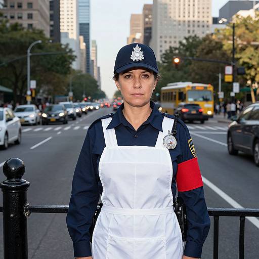 Photograph of a serious-faced female police officer in a white apron and navy uniform, standing on a busy city street with tall buildings and traffic in