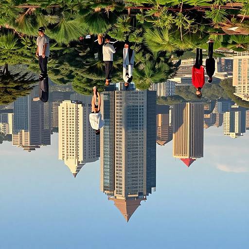 Digital art: People hanging from pine tree branches above a cityscape with tall skyscrapers, colorful clothing, blue sky, and sunlight.