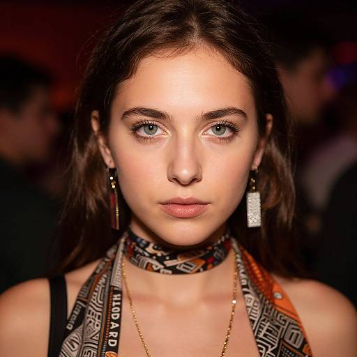 Close-up photograph of a young woman with fair skin, green eyes, and dark brown hair, wearing a patterned choker, geometric earrings, and