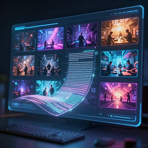 Digital artwork of a glowing laptop screen displaying neon-lit music video thumbnails and text, with vibrant blue, pink, and orange hues.