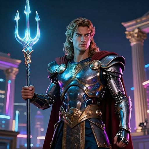CGI image of a muscular, blonde, blue-eyed warrior with glowing trident, wearing shiny silver and gold armor, red cape, standing in futuristic