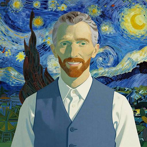 Digital artwork of a bearded man in a blue vest and white shirt, set against Vincent van Gogh's 