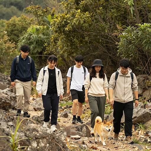 Hikers and Dog on Rocky Trail
