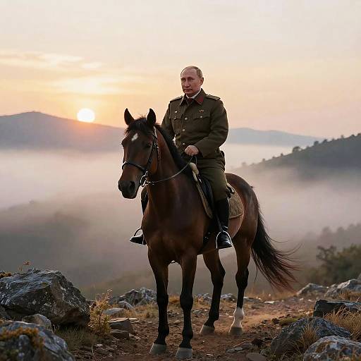 Photograph of a middle-aged man in a brown military uniform riding a dark brown horse at sunrise, surrounded by misty mountains.