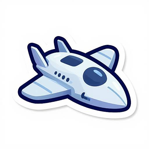 Cartoon-style drawing of a white and blue jet airplane with black windows and cockpit, outlined in thick black.