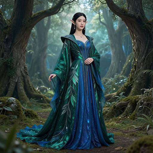 Photorealistic CGI elf woman in a shimmering blue and green gown with intricate leaf patterns, standing in a mystical forest.