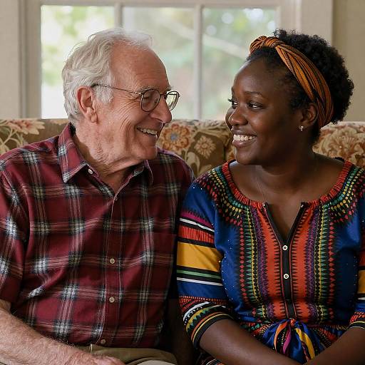 Elderly man and young woman smiling on couch