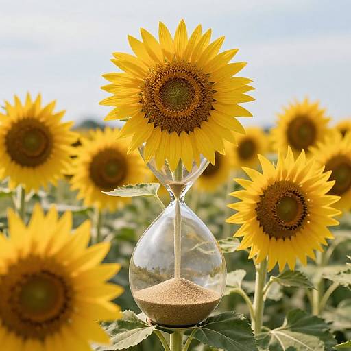 Photograph of a sunflower field with a glass hourglass filled with sand at the center, surrounded by bright yellow sunflowers. Bright blue sky in