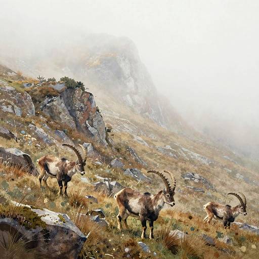 Misty Foothills with Grazing Ibex