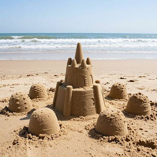 Photograph of a detailed sandcastle with multiple turrets and towers on a sunny beach, surrounded by smaller sand domes, with ocean waves in the
