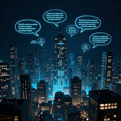 Digital artwork of a glowing blue-lit cityscape at night with speech bubbles in Portuguese, featuring skyscrapers and illuminated windows.