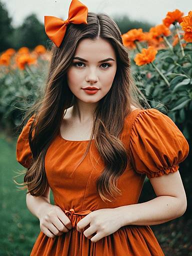 Realistic Girl in Brown Puff Dress