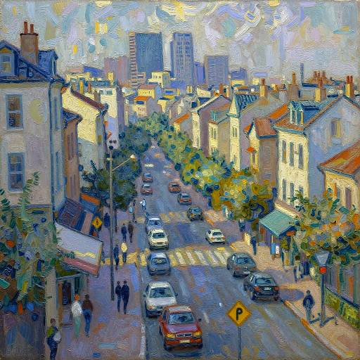 Impressionist-style digital painting of a bustling urban street with colorful buildings, cars, pedestrians, and a bright, cloudy sky.
