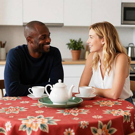 Couple Enjoying Tea at Floral Table