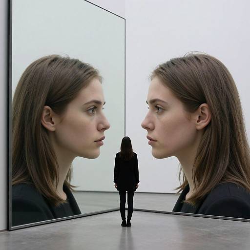 Photograph of a woman with brown hair standing in front of a large mirror, reflecting her face, with a smaller figure between them. Minimalist white