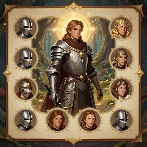 Digital fantasy illustration: Central armored knight with halo, surrounded by six circular portraits of armored and crowned characters in forest.