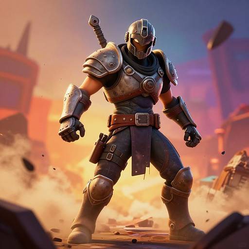 Digital artwork of a muscular, armored warrior with a helmet, standing in a fiery, ruined cityscape. He wields a sword on his back,