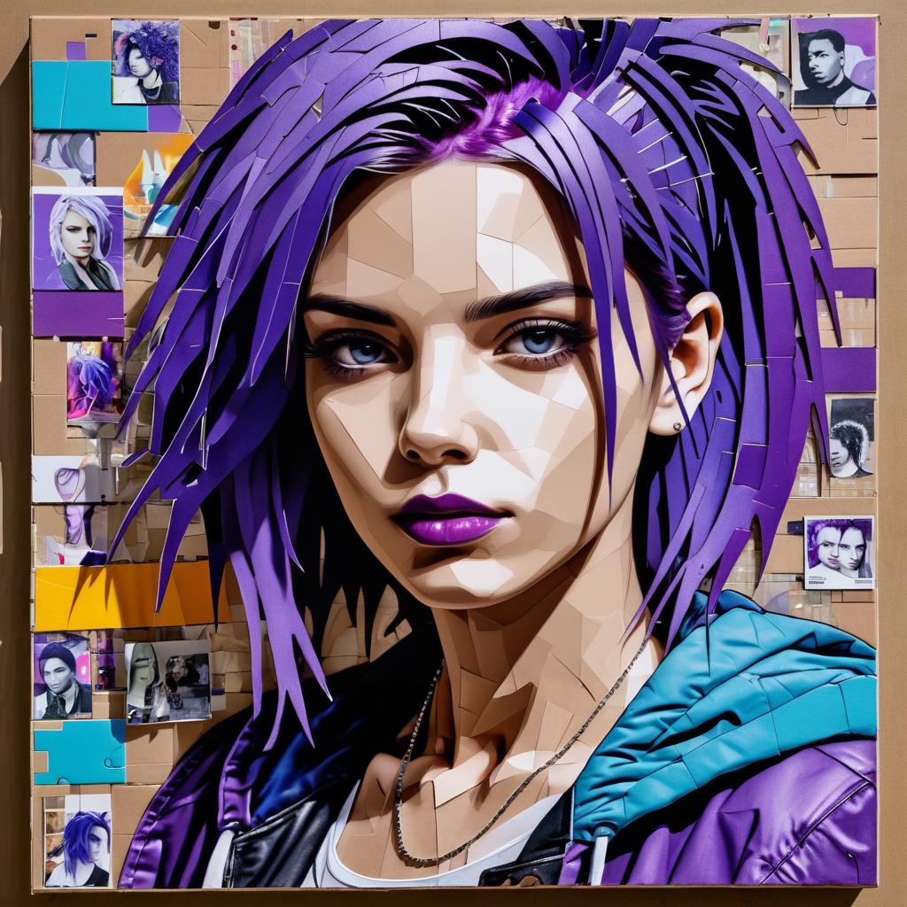 Edgy Purple-Haired Youth in Collage Style