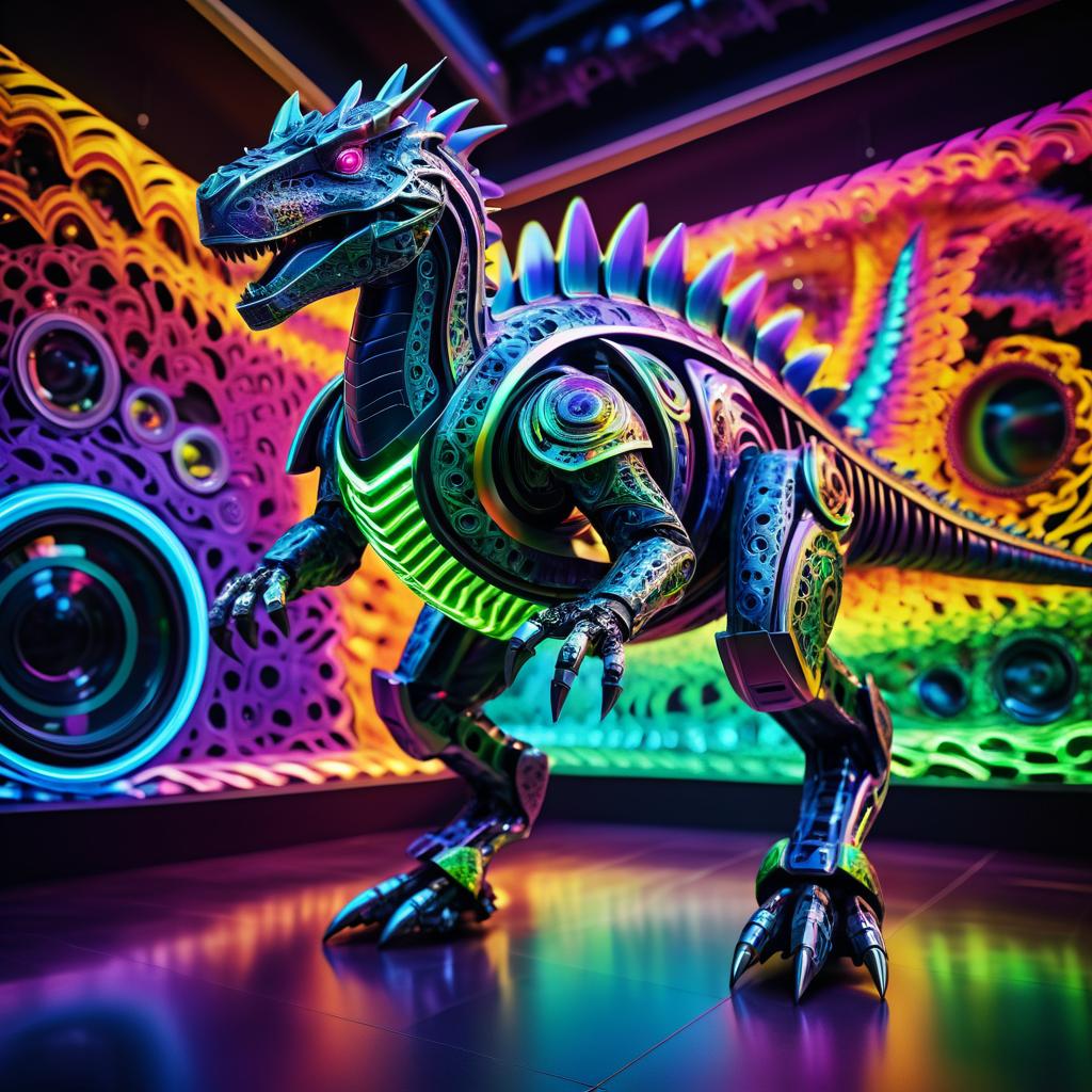 Dynamic Robotic Dinosaur in Psychedelic Art