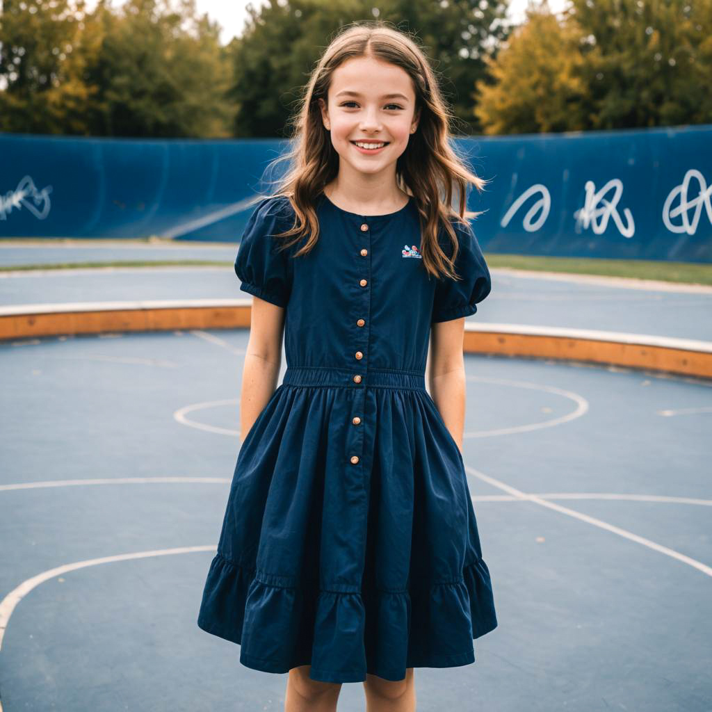 Cheerful Girl in Navy Prairie Dress