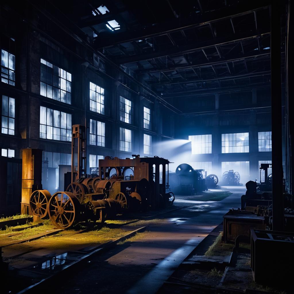 Eerie Midnight Factory with Ghostly Figures