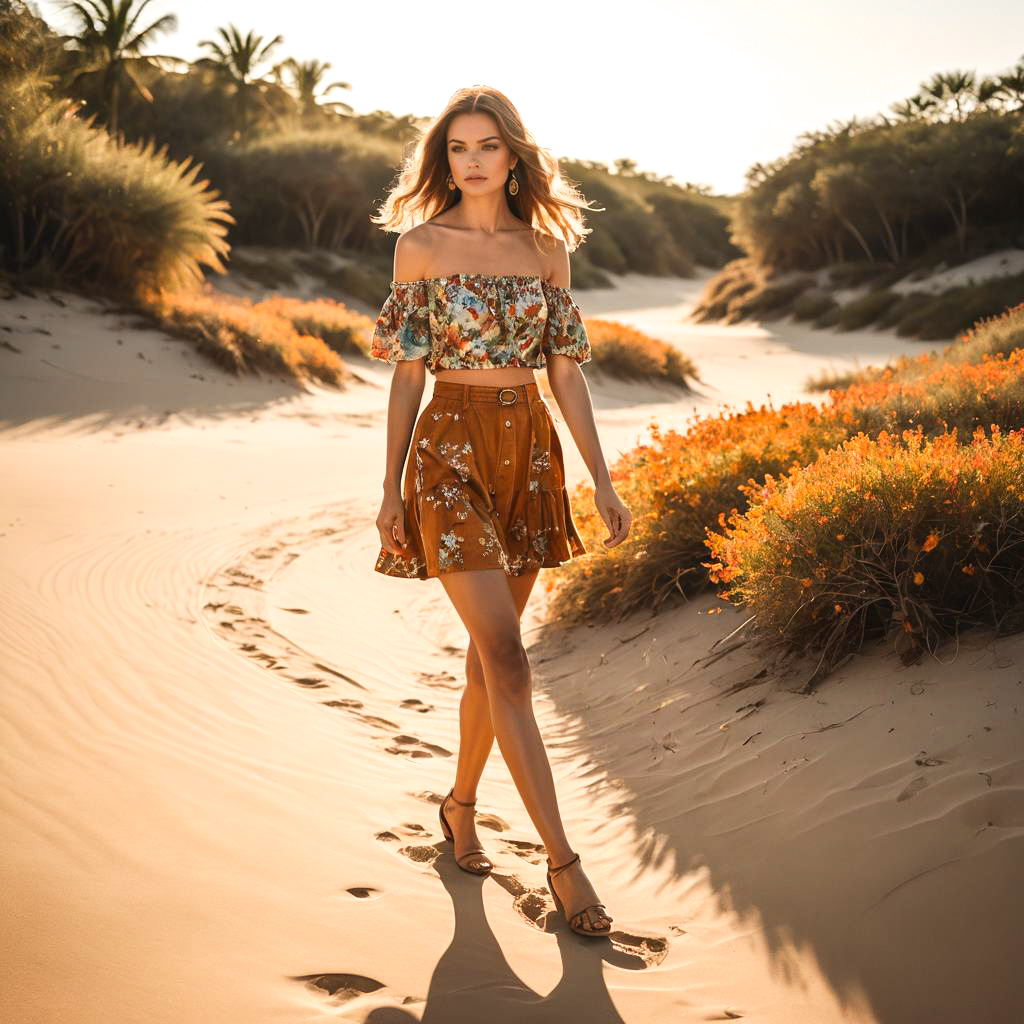 Elegant Fashion Model on Sandy Beach