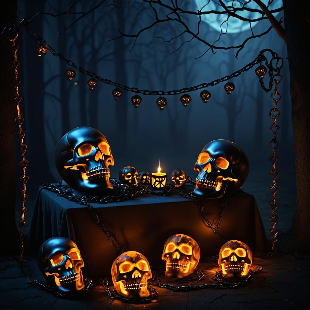 Eerie Halloween Scene with Glowing Skulls