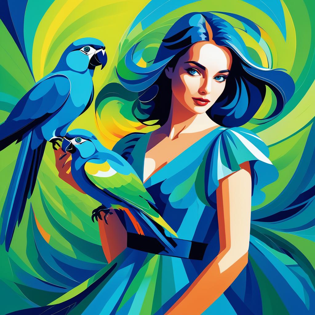 Surreal Woman with Parrot in Blue Dress