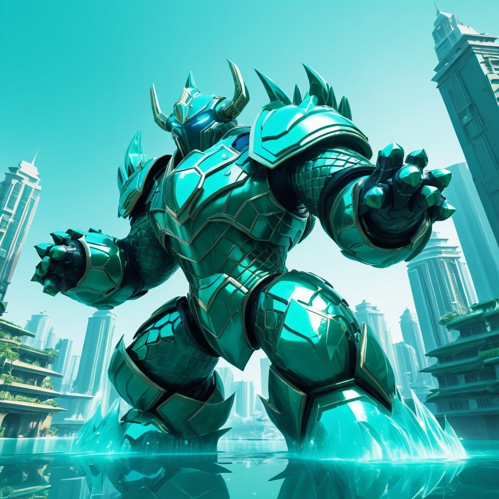 Giant Armored Teal Monster in Aquatic City