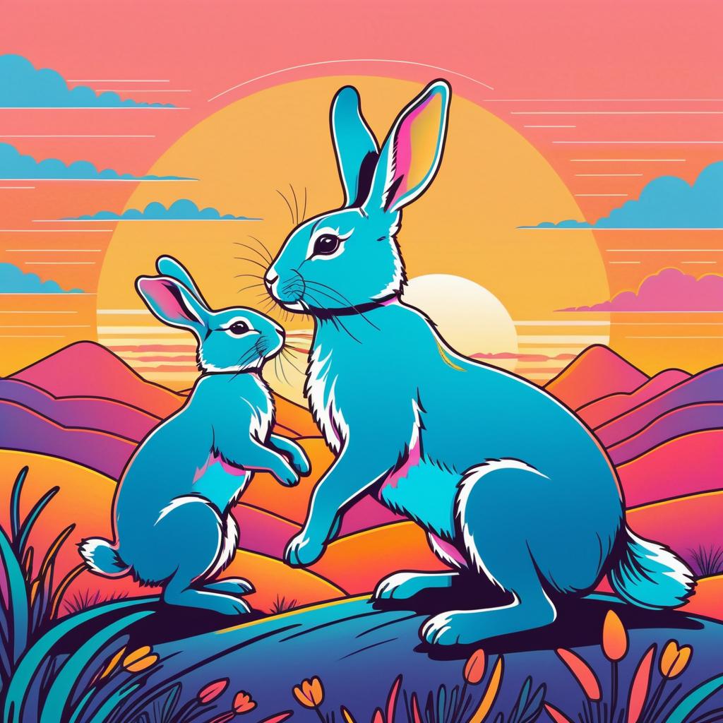 Playful Rabbits Against a Sunset