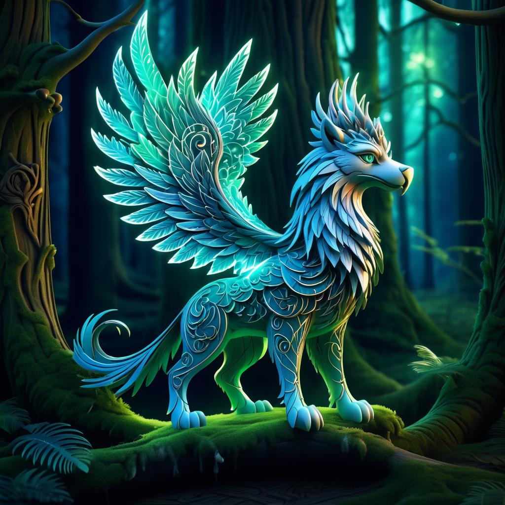 Enchanted Wooden Griffin in Mystical Forest