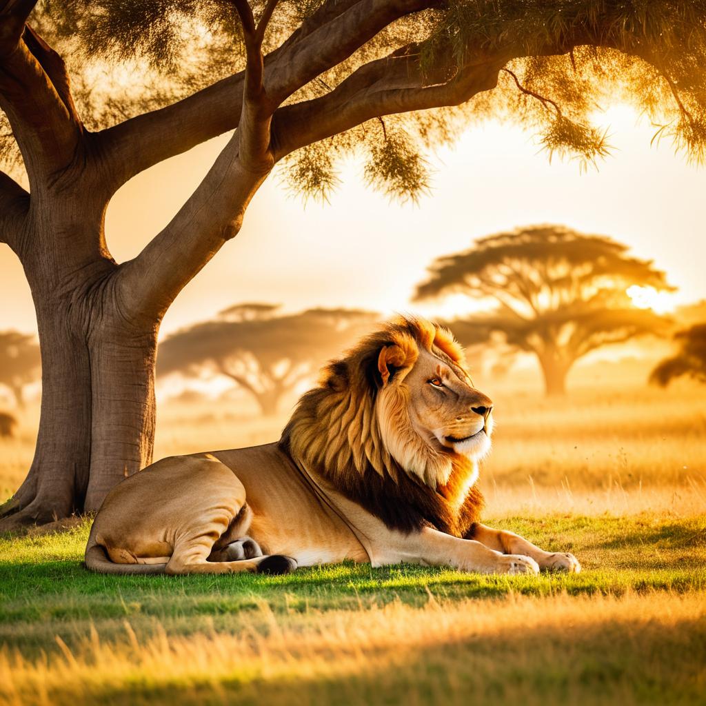 Majestic Lion Resting at Sunset